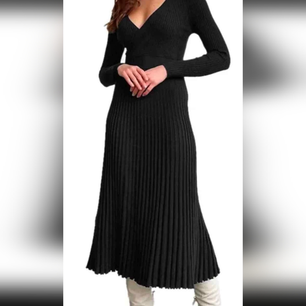 Elegant Charcoal Black Ribbed Knit Dress